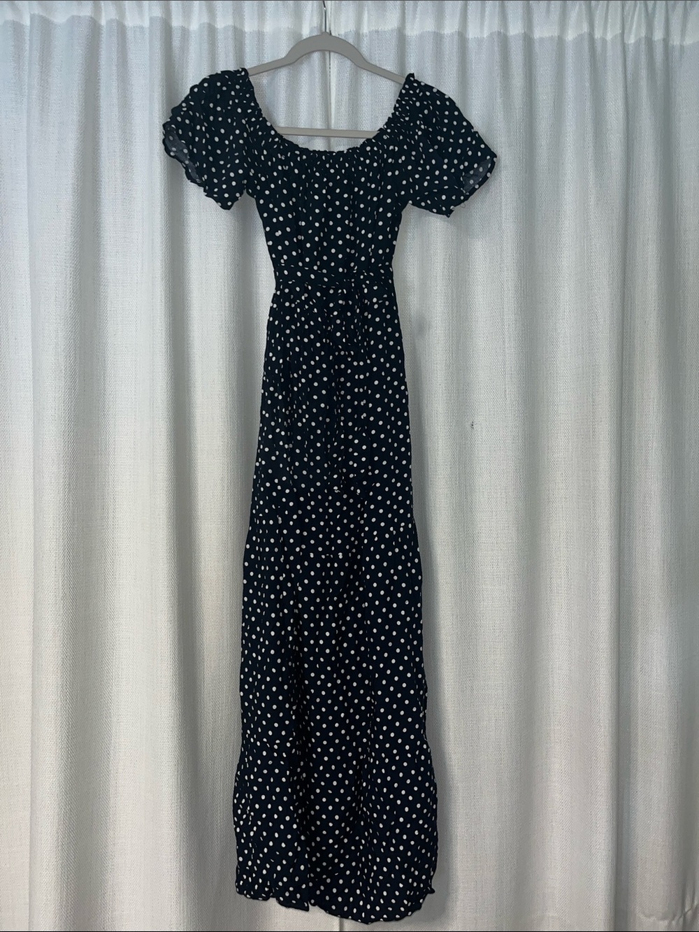 Navy Blue and White Polka Dot Maxi Dress with Puff Sleeves
